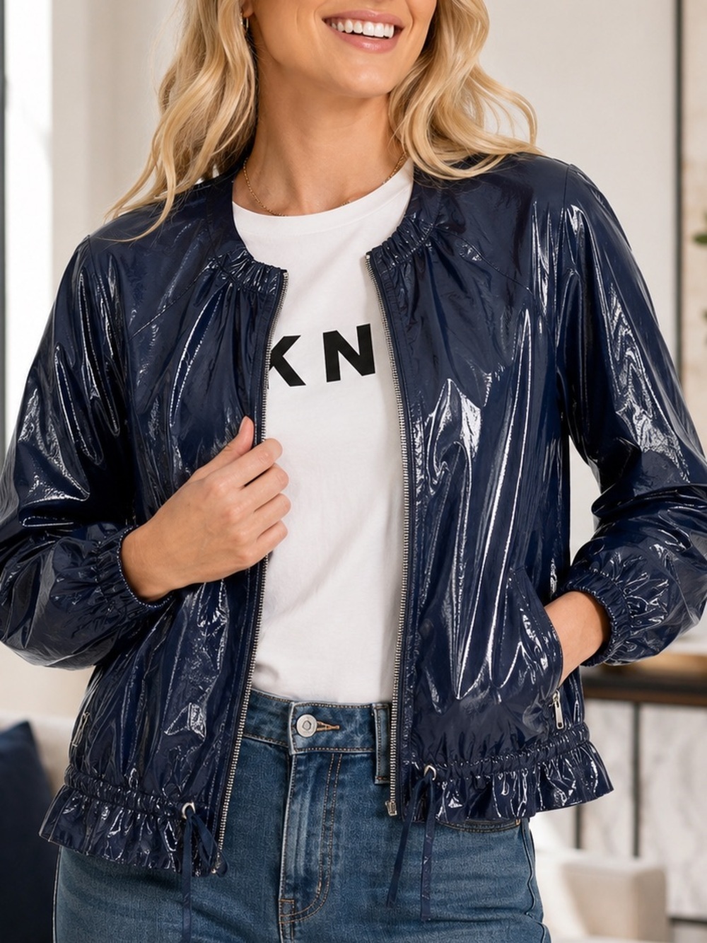 DKNY Faux Leather Shiny Bomber Jacket Blue NWT Medium
